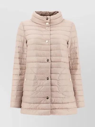 Herno High Collar Longline Quilted Side Pockets Jacket In Pink