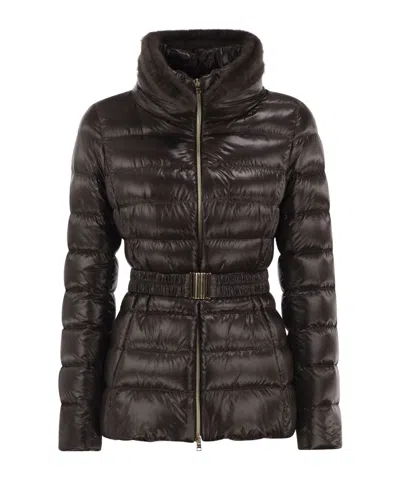Herno High Neck Belted Puffer Jacket In Brown