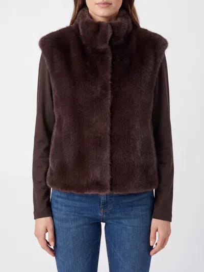 Herno High Neck Faux Fur Jacket With Concealed Closure In Brown