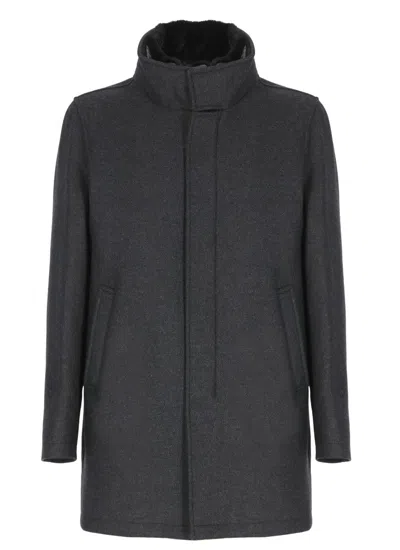 HERNO HIGH NECK GREY WOOL COAT WITH ZIP AND BUTTON FASTENING