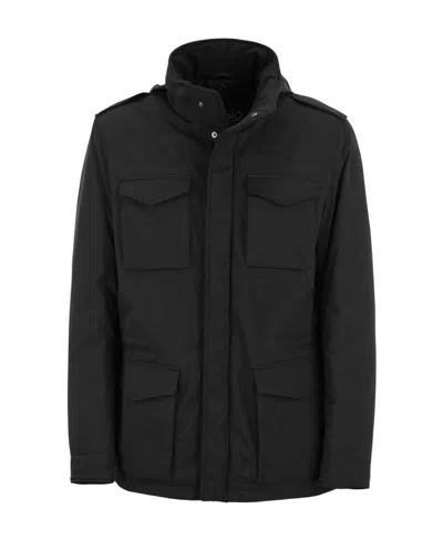 Herno Navy Linen Jacket With Classic Collar And Buttoned Cuffs In Black