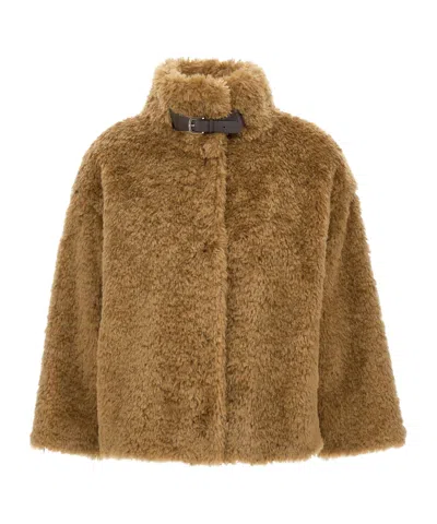 Herno High-necked Fuzzy Jacket In Brown