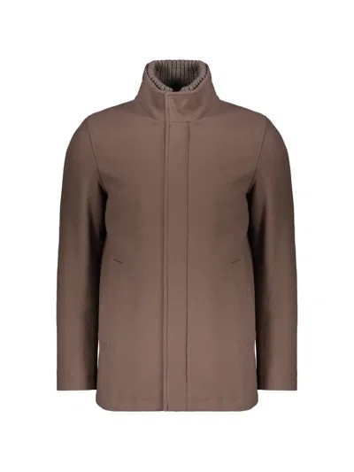 Herno High-collar Single-breasted Coat In Brown