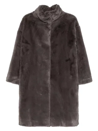 Herno Long Single-breasted Faux Fur Coat With High Neck In Brown