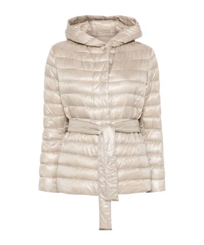 Herno Hooded Belted Waist Puffer Jacket In Neutral