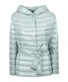 Herno Hooded Belted Waist Puffer Jacket In Green