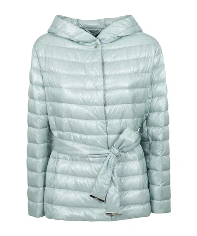 Herno Hooded Belted Waist Puffer Jacket In Green