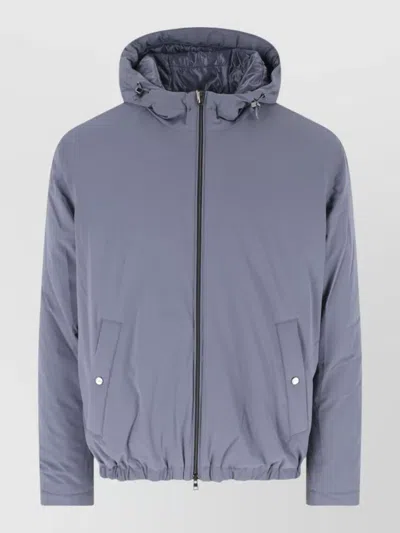 Herno Hooded Coat Elastic Hem Quilted Design Pockets In Blue