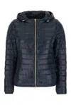 Herno Blue Down Jacket With Drawstring Hood And Logo Plaque On The Rear In Tech Fabric Woman In Blue