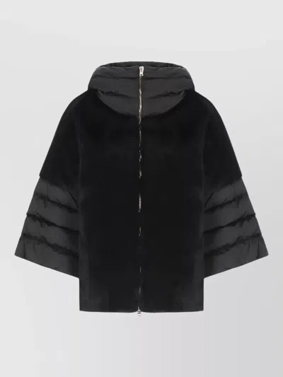 Herno Hooded Faux Fur Cape Quilted Sleeves In Black