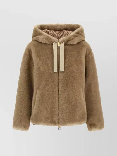Herno Hooded Faux Fur Jacket In Brown