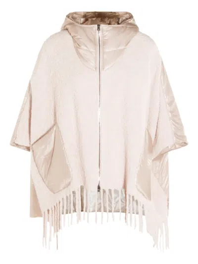 Herno Hooded Fringed Cape In Neutral