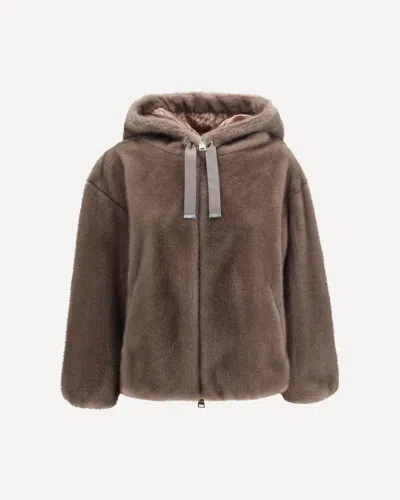 Herno Hooded Jacket In Eco-fur In Brown
