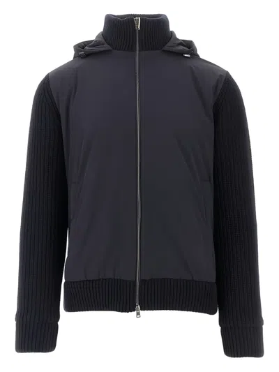 Herno Hooded Knitted-sleeve Jacket In Blue