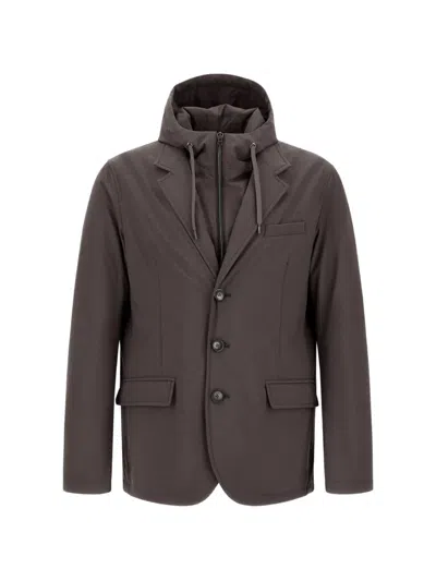 Herno Hooded Melange-effect Blazer In Brown