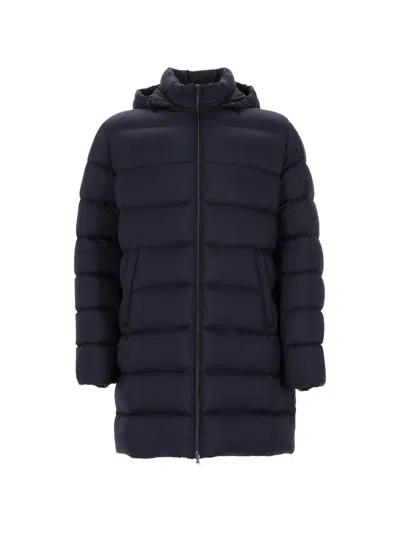 Herno Hooded Long Coat Quilted Design In Blue