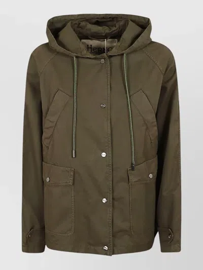 Herno Hooded Padded Jacket Drawstring Long Sleeves Pockets In Green