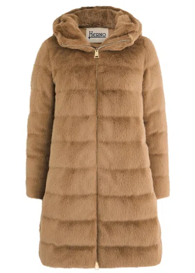 Herno Hooded Quilted Faux Fur Coat In Camel