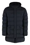 Herno Long Quilted Down Jacket With Hood And Flap Pockets In Blue
