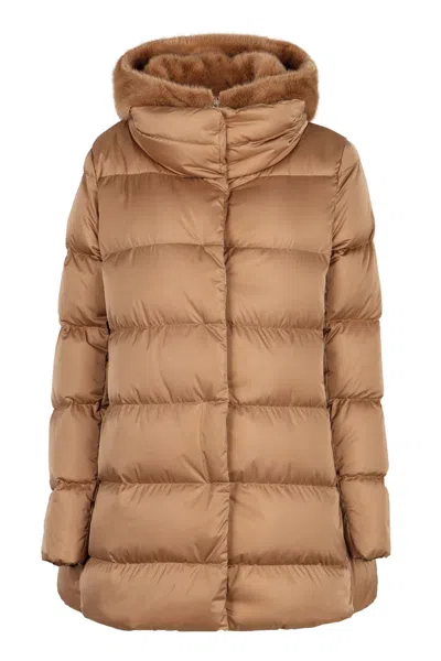 Herno Hooded Techno Fabric Down Jacket In Brown