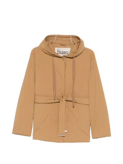 Herno Hooded Tie-fastening Jacket In Brown