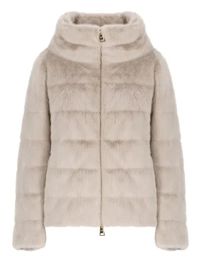 HERNO IVORY FAUX FUR QUILTED DOWN JACKET
