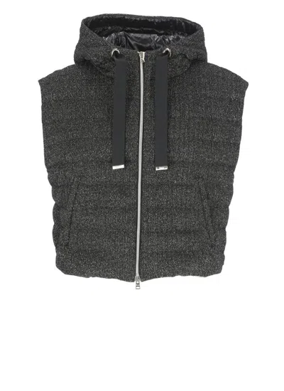 Herno Lurex Sleeveless Hooded Drawstring Jacket In Black