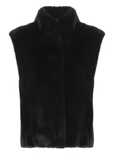 Herno Sleeveless Faux Fur High Collar Jacket In Black