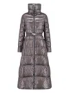 Herno Belted High Collar Long Quilted Shiny Jacket In Gray