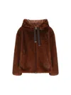 Herno Faux Fur Drawstring Hooded Bomber Jacket In Brown