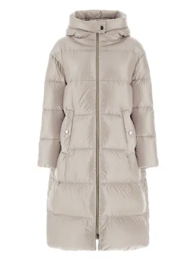 Herno Long Quilted Jacket With Hood And Pockets In Neutral