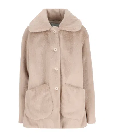 Herno Kids Faux Fur Button Coat In Neutral