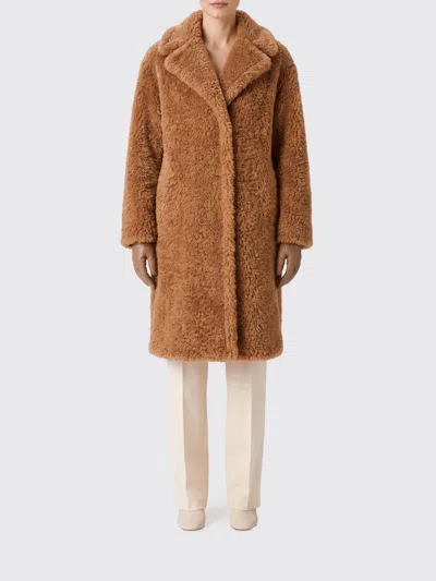 Herno Knee-length Faux Shearling Coat With A High Neck In Brown