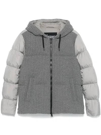 Herno Knit-panels Puffer Jacket In Gray