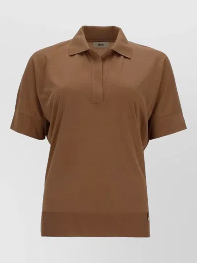 Herno Knit Polo Collar Top Short Sleeves In Brown