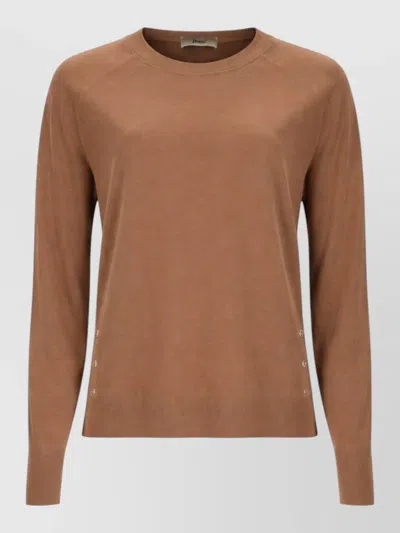 Herno Knit Pullover Long Sleeves Round Neck Buttons In Brown