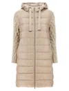 Herno Long Padded Hooded Jacket With Knitted Sleeves In Beige