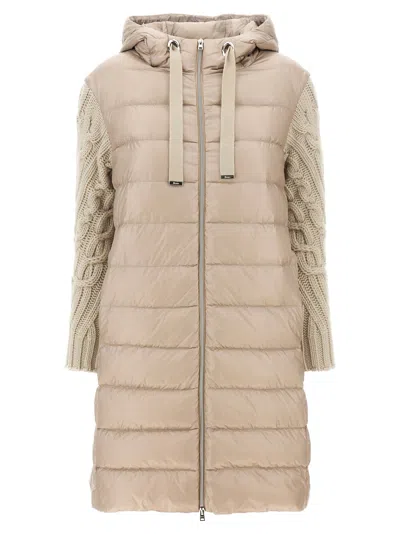 Herno Long Padded Hooded Jacket With Knitted Sleeves In Chantilly