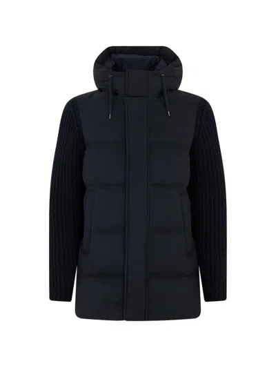 Herno Knitted-sleeve Hooded Jacket In Blue