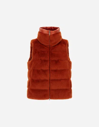 Herno Vest In Lady Alternative Fur And Nylon Ultralight In Orange