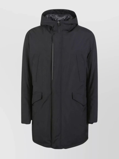 Herno Laminar Hooded Coat With Adjustable Hem And Side Pockets In Black