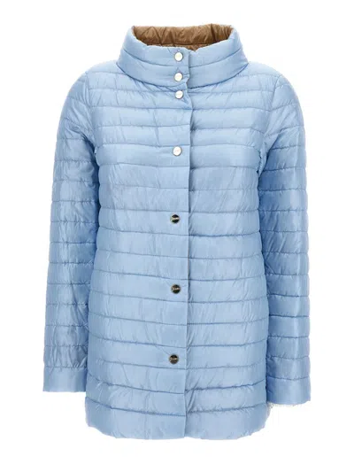 Herno Light Blue And Brown Down Jacket With Branded Buttons In Polyamide Woman In Blue/camel
