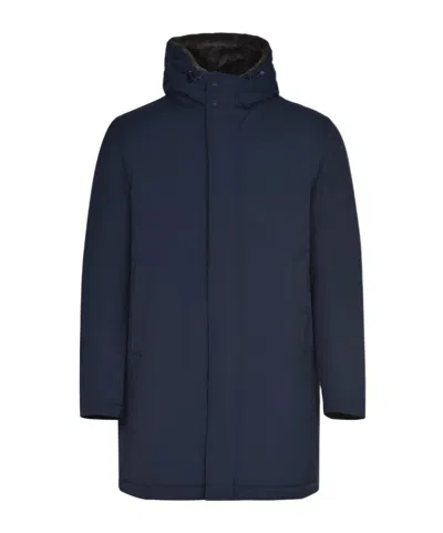 Herno Light Faux Fur Hooded Long Parka In Blue