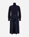 Herno Maxi Dress With High Collar And Adjustable Waist In Blue