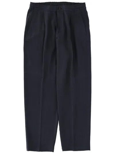 Herno Linen Trousers Front Pleats Back Pocket In Blue