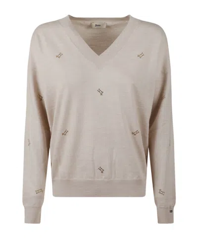 Herno Logo Embellished V-neck Jumper In Neutral
