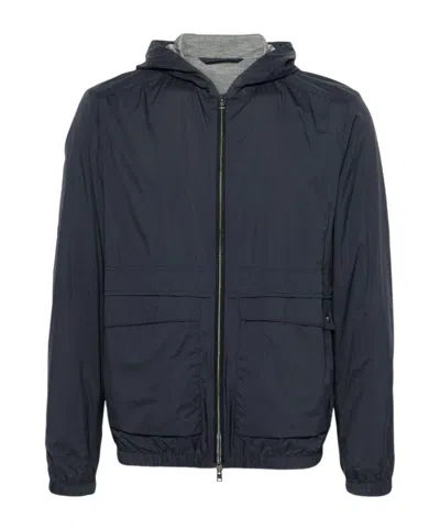 Herno Logo-engraved Hooded Bomber Jacket In Blue