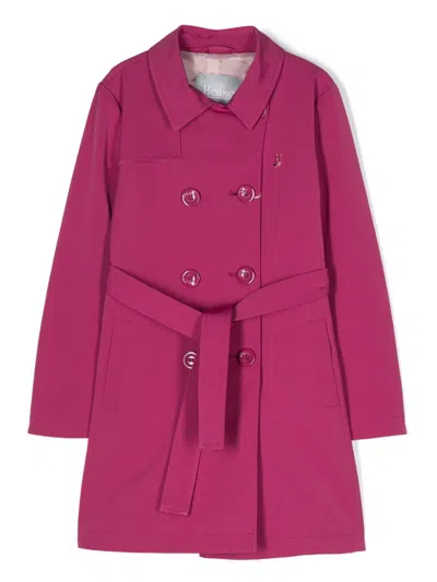 Herno Kids' Logo-plaque Faille Trench Coat In Pink