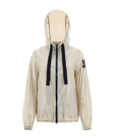 Herno Logo-patch Zipped Hooded Jacket In Neutral