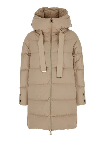 HERNO LONG BEIGE DOWN JACKET WITH HOOD IN SATIN WOMAN